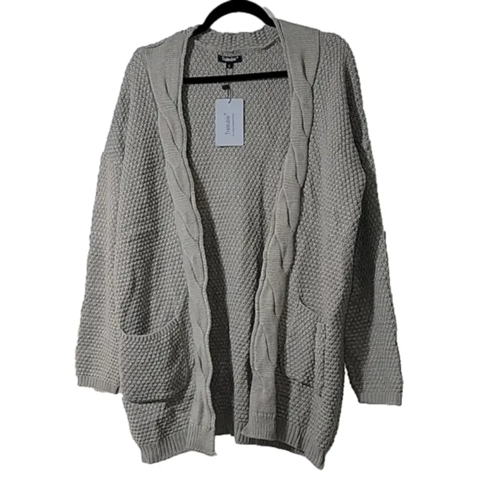 TRALEUBIE oversize cardigan, mixed knits in neutral taupe, Size Large, NWT